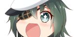  +_+ 1girl close-up eyepatch green_eyes green_hair hat kantai_collection kiso_(kantai_collection) looking_at_viewer no_nose open_mouth sailor_hat short_hair simple_background sin-poi solo sparkling_eyes white_background 