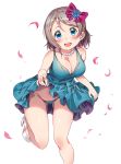  1girl :d aqua_dress aqua_panties blue_eyes blush bow breasts cleavage dress dress_lift flower gluteal_fold grey_hair hair_bow hair_flower hair_ornament high_heels highres jewelry joptr06 leg_lift looking_at_viewer love_live! love_live!_sunshine!! necklace open_mouth panties pearl_necklace petals shoes short_hair smile solo standing standing_on_one_leg underwear watanabe_you white_background white_shoes 