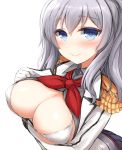 1girl blue_eyes blush breast_hold breasts cleavage don_(29219) epaulettes gloves kantai_collection kashima_(kantai_collection) large_breasts long_hair long_sleeves looking_at_viewer neckerchief open_clothes open_shirt shirt silver_hair smile solo string_bikini upper_body white_background white_bikini_top 