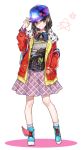  1girl adjusting_clothes adjusting_hat bag black_eyes black_hair commentary_request full_body hat headphones headphones_around_neck highres hood hooded_jacket hoodie jacket kamen_rider kamen_rider_ex-aid_(series) long_hair peaked_cap plaid plaid_skirt saiba_niko shirako_miso si_ooba skirt smile solo star 