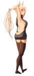  1girl animal_ears aran_sweater ass backless_outfit bangs bare_back black_legwear black_sweater blonde_hair breasts butt_crack cat_ears closed_mouth dress dungeon_and_fighter eyebrows_visible_through_hair from_side full_body garter_straps halterneck highres large_breasts long_hair looking_at_viewer looking_back naked_sweater open-back_dress profile raised_eyebrows red_eyes ribbed_sweater sideboob simple_background smile solo sweater sweater_dress thigh-highs thighs turtleneck turtleneck_sweater tying_air vanety virgin_killer_sweater white_background 