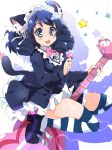  1girl animal_ears bell black_hair blush cat_ears cat_tail curly_hair cyan_(show_by_rock!!) open_mouth poncho_s show_by_rock!! smile solo striped striped_legwear tail thigh-highs 