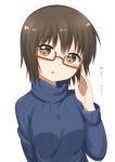  1girl adjusting_glasses bespectacled brown_eyes brown_hair dokka_no_kuni_no_kokuou funami_yui glasses open_mouth red-framed_eyewear ribbed_sweater short_hair simple_background solo sweater translation_request turtleneck turtleneck_sweater white_background yuru_yuri 