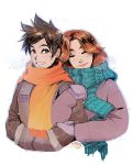  2girls arm_hug brown_hair closed_eyes coat couple emily_(overwatch) freckles hands_in_pockets hug lips long_hair mike_nesbitt multiple_girls orange_hair overwatch scarf short_hair smile snowing spiky_hair tomboy tracer_(overwatch) union_jack winter_clothes winter_coat yuri 