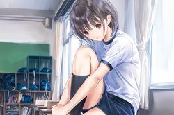  1girl black_eyes black_hair black_legwear black_shorts blue_reflection classroom gym_uniform highres indoors kishida_mel kneehighs shirai_hinako shirt short_hair short_shorts short_sleeves shorts sitting solo t-shirt white_shirt window 