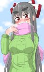  1girl blush breasts commentary_request fujiwara_no_mokou green_clothes grin hair_ribbon highres red_eyes ribbed_sweater ribbon scarf silver_hair smile solo steam sweater takeu thick_eyebrows touhou 