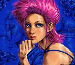  1girl 1other alternate_hairstyle blue_eyes blue_theme boat commentary english_commentary flower hair_slicked_back highres jojo_no_kimyou_na_bouken lips looking_at_viewer makeup pink_hair portrait short_hair spice_girl_(stand) stand_(jojo) trish_una vento_aureo watercraft zwm8604 