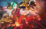  1girl absurdres alternate_hair_color black_hair boots breasts cannon china_dress chinese_clothes commentary dandelion dress firecracker_jinx fireworks flower gatling_gun green_eyes green_hair gun hair_flower hair_ornament hair_ribbon highres huge_weapon jinx_(league_of_legends) knee_boots league_of_legends light_smile lipstick long_hair looking_at_viewer low_twintails makeup minigun monori_rogue multicolored_hair red_dress red_legwear ribbon sky small_breasts solo star_(sky) starry_sky tattoo thigh-highs twintails two-tone_hair very_long_hair weapon 