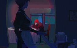  1boy 1girl apron candle chair commentary diavolo highres holding holding_knife jojo_no_kimyou_na_bouken knife long_hair polka_dot polka_dot_hair sang_(3soun) short_hair table trish_una vento_aureo white_apron 