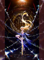  absurdres ai-assisted alens_(alens454635) blonde_hair cartethyia_(wuthering_waves) crown_of_thorns earrings highres holding holding_sword holding_weapon jewelry pointy_ears sword tabard tacet_discord_(wuthering_waves) tacet_mark_(wuthering_waves) thorns tree_horns weapon white_tabard wuthering_waves 