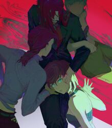  1girl 2boys 2girls absurdres blood blood_on_hands commentary diavolo donatella_una highres jojo_no_kimyou_na_bouken long_hair multiple_boys multiple_girls necktie pink_hair polka_dot sang_(3soun) short_hair trish_una vento_aureo vinegar_doppio 