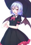  1girl :d alternate_costume bat_wings black_dress blue_hair blush breasts cowboy_shot dress fang hair_between_eyes holding holding_umbrella junior27016 looking_at_viewer no_hat no_headwear open_mouth parasol pointy_ears puffy_short_sleeves puffy_sleeves red_eyes remilia_scarlet short_sleeves small_breasts smile solo touhou umbrella white_background wings 