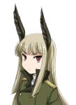  1girl animal_ears bags_under_eyes bangs blonde_hair blunt_bangs closed_mouth green_jacket grete_m_gollob jacket long_hair looking_at_viewer military military_uniform portrait red_eyes simple_background solo standing uniform wanyan_aguda white_background world_witches_series 