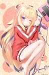  1girl absurdres barefoot blonde_hair blue_eyes blush computer from_above full_body gabriel_dropout highres jacket laptop long_hair long_sleeves looking_at_viewer lying messy_hair on_side one_eye_closed panties sanan sleepy solo tenma_gabriel_white track_jacket underwear very_long_hair waking_up white_panties zipper 