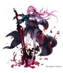  armor belt breasts cape company_name dark_persona fire flower gauntlets glowing hair_ribbon leggings long_hair official_art phantom_of_the_kill pink_eyes pink_hair red_flower ribbon shoes shoulder_spikes side_b spikes tyrfing_(phantom_of_the_kill) waist_cape 