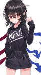  1girl adapted_costume asuzemu asymmetrical_wings black_hair black_sweater clothes_writing cowboy_shot german hand_in_pocket highres houjuu_nue long_sleeves looking_at_viewer pointy_ears red_eyes simple_background solo sweater touhou white_background wings 