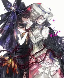  2girls :d absurdres black_bow black_dress black_hair black_hat bow dated dress dual_persona gloves gown hat hat_bow heart highres holding_hands isolde_(reverse:1999) juliet_sleeves long_dress long_hair long_sleeves looking_at_another multiple_girls official_alternate_costume profile puffy_sleeves reverse:1999 selfcest smile thorns upper_body veil very_long_hair violet_eyes weiyan_(nbnbmwnl) white_background white_bow white_hat white_veil yellow_gloves yuri 