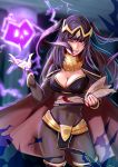  1girl black_hair book cape cheppo cleavage_cutout colored fire_emblem hair_ornament holding holding_book magic one_eye_closed smile tharja 