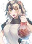  1girl anger_vein apron blonde_hair blush breasts chocolate fate/grand_order fate_(series) flying_sweatdrops g.t helmet jeanne_alter large_breasts long_hair looking_at_viewer ruler_(fate/apocrypha) solo teeth tsundere yellow_eyes 