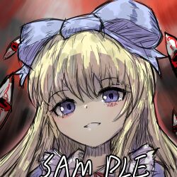  1girl alice_(black_souls) black_souls blonde_hair blue_bow blue_eyes blush_stickers bow chinese_commentary commentary_request disembodied_eye hair_bow highres long_hair looking_at_viewer neck_ribbon portrait red_ribbon ribbon sample_watermark smile solo watermark xun_lin_(pixiv_93392103) 