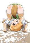  1girl animal_ears ass black-tailed_prairie_dog blonde_hair brown_eyes chestnut_mouth commentary_request dog_ears dog_tail fur_collar green_skirt inu_(aerodog) kemono_friends open_mouth pleated_skirt shoes short_hair skirt solo tail thigh-highs top-down_bottom-up 
