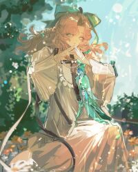  1girl absurdres aqua_bow aqua_eyes bandaged_hand bandages blonde_hair blue_sky blurry blurry_background bow dress feet_out_of_frame flower hair_bow hands_up highres long_hair lorelei_(reverse:1999) own_hands_together reverse:1999 sky solo steepled_fingers tree weiyan_(nbnbmwnl) white_dress yellow_flower 