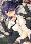  1girl blouse blush breasts cardigan checkered checkered_necktie eyepatch from_above headgear highres jewelry kantai_collection kotobuki_(momoko_factory) large_breasts looking_at_viewer lying navel necktie on_back open_cardigan open_clothes open_mouth purple_hair ring school_uniform short_hair tenryuu_(kantai_collection) tongue unbuttoned untied upper_body wavy_mouth wedding_ring white_blouse yellow_eyes 