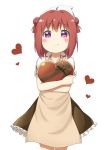  1girl ahoge akaza_akari apron box_of_chocolates dokka_no_kuni_no_kokuou double_bun hair_bun hair_intakes heart heart-shaped_box maid maid_apron maid_headdress redhead simple_background solo valentine white_background yuru_yuri 