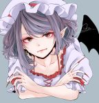  1girl alternate_hairstyle artist_name commentary_request fangs fingernails hair_between_eyes hat mob_cap pointy_ears remilia_scarlet sharp_fingernails short_sleeves solo souta_(karasu_no_ouchi) touhou vampire 