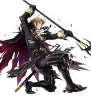  1boy armor armored_boots blonde_hair boots camus cape fire_emblem fire_emblem:_mystery_of_the_emblem fire_emblem_heroes full_body gloves highres injury male_focus official_art polearm solo spear teeth transparent_background weapon yellow_eyes 