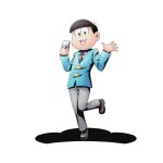  1boy :3 alpha_transparency bangs black_eyes black_hair black_necktie blue_suit blunt_bangs divine_gate formal looking_at_viewer male_focus matsuno_todomatsu necktie official_art osomatsu-kun osomatsu-san shadow short_hair smile solo standing standing_on_one_leg suit transparent_background ucmm waving 