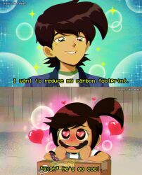 1990s_(style) 1boy 1girl 2koma brenni_murasaki brown_hair heart heart-shaped_pupils hetero highres long_hair looking_at_viewer molly_mcgee multicolored_hair ollie_chen open_mouth ponytail retro_artstyle shirt short_hair skirt smile symbol-shaped_pupils the_ghost_and_molly_mcgee vest white_shirt