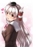  1girl amatsukaze_(kantai_collection) bangs blush brown_eyes dress eyebrows_visible_through_hair fang from_side gift hair_between_eyes hair_tubes hands_up hat heart highres holding holding_gift kantai_collection long_hair looking_at_viewer looking_back mini_hat nose_blush open_mouth sailor_dress silver_hair solo two_side_up upper_body valentine 