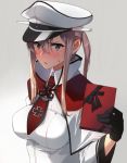  1girl black_gloves blonde_hair blue_eyes blush breasts capelet chocolate collar dutch_angle gloves gradient gradient_background graf_zeppelin_(kantai_collection) hat iron_cross jacket kantai_collection large_breasts long_hair long_sleeves looking_at_viewer necktie peaked_cap red_necktie solo sweat touyama_eight twintails upper_body white_jacket 