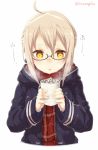  1girl ahoge bangs blonde_hair blowing checkered_scarf coat coffee cup eyebrows_visible_through_hair facing_viewer fate/grand_order fate_(series) hair_between_eyes heroine_x heroine_x_(alter) holding holding_cup mug parted_lips red_scarf saber scarf short_hair_with_long_locks sidelocks signature simple_background solo torimaru twitter_username upper_body whipped_cream white_background yellow_eyes 