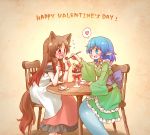 2girls animal_ears arinu bare_shoulders blue_eyes blue_hair blush brown_hair chair collarbone commentary_request dress drill_hair feeding green_kimono happy_valentine head_fins imaizumi_kagerou japanese_clothes kimono long_hair mermaid monster_girl multiple_girls nose_blush obi off_shoulder open_mouth red_eyes red_skirt sash sitting skirt tail touhou valentine wakasagihime white_dress wolf_ears wolf_tail yuri