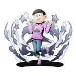  1boy :3 alpha_transparency bangs black_eyes black_hair blunt_bangs divine_gate hood hoodie looking_at_viewer male_focus matsuno_todomatsu necktie official_art osomatsu-kun osomatsu-san pink_shirt shadow shirt short_hair smile solo standing standing_on_one_leg star transparent_background ucmm waving 