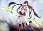  1girl absurdres black_eyes black_hair highres long_hair looking_at_viewer midriff okuto original solo thigh_strap twintails weapon 