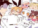  &gt;_&lt; +_+ 1boy 5girls :3 :d admiral_(kantai_collection) ahoge ashtray black_hair blonde_hair blue_eyes blush_stickers brown_eyes brown_hair chibi closed_eyes commentary_request covered_mouth drooling epaulettes fang flailing flower fountain_pen gloves hair_flower hair_ornament hairband hairclip hand_on_own_cheek hand_up hat kantai_collection long_hair long_sleeves military military_uniform mittens multiple_girls northern_ocean_hime open_mouth orange_eyes paper_stack peaked_cap pen remodel_(kantai_collection) ro-500_(kantai_collection) sako_(bosscoffee) scarf shimakaze_(kantai_collection) shinkaisei-kan smile tan translation_request uniform white_hair xd yellow_eyes yukikaze_(kantai_collection) yuudachi_(kantai_collection) 