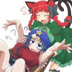  2girls :d ? ^_^ animal_ears bags_under_eyes beret blue_eyes blue_hair bow braid breast_rest breasts breasts_on_head cat_ears cat_tail closed_eyes confused constricted_pupils cowboy_shot dress erect_nipples eyebrows_visible_through_hair fang green_dress hair_bow happy hat heart highres himenomikan jiangshi kaenbyou_rin large_breasts miyako_yoshika multiple_girls multiple_tails nekomata ofuda open_mouth outstretched_arms pale_skin panties redhead sharp_teeth shirt simple_background skirt smile star tail teeth touhou twin_braids underwear wheelbarrow white_background white_panties zombie_pose 
