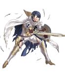  1boy alfonse_(fire_emblem) armor blonde_hair blue_eyes blue_hair boots cape feathers fire_emblem fire_emblem_heroes full_body gloves hair_ornament highres injury kozaki_yuusuke male_focus multicolored_hair official_art shield solo sword teeth transparent_background two-tone_hair weapon 
