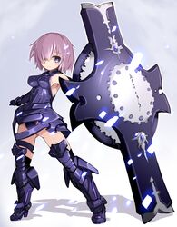  1girl armor armored_dress black_legwear breasts fate/grand_order fate_(series) gloves gluteal_fold hair_over_one_eye highres karukan_(monjya) medium_breasts purple_hair shield shielder_(fate/grand_order) short_hair sleeveless smile violet_eyes 