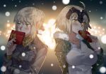  2girls 3: ahoge arm_behind_back artist_name bangs blonde_hair blush braid breasts closed_mouth coat covered_mouth eyebrows_visible_through_hair fate/grand_order fate/stay_night fate_(series) french_braid fur_coat fur_trim gift hair_bun hand_up headpiece heart-shaped_box holding holding_gift jeanne_alter large_breasts looking_to_the_side medium_breasts multiple_girls nanaya_(daaijianglin) ribbed_sweater ruler_(fate/apocrypha) saber saber_alter shirt short_hair sidelocks signature snow sweater turtleneck turtleneck_sweater upper_body v-neck valentine white_shirt yellow_eyes 