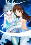  2girls anastasia_(idolmaster) ashita_(2010) bare_shoulders blue_eyes breasts brown_eyes brown_hair dress elbow_gloves gloves hat highres idolmaster idolmaster_cinderella_girls jewelry long_hair love_laika multiple_girls necklace nitta_minami pure_white_memories short_hair silver_hair smile sparkle 