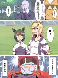 2girls 3boys absurdres black_hair blonde_hair blue_jacket bob_cut bodysuit camera commentary cosplay day dress_shirt ear_ornament electricity green_eyes grin gundam gym_shirt hairband hand_in_pocket highres holding holding_camera jacket kasamatsu_tracen_training_uniform kitahara_jou long_hair long_sleeves looking_at_another minnie_the_lady_(umamusume) multiple_boys multiple_girls open_clothes open_jacket open_mouth outdoors quattro_bajeena quattro_bajeena_(cosplay) red_bodysuit red_hairband rudy_lemono_(umamusume) sharp_teeth shirt smile smirk suit sweater t-head_trainer_(umamusume) takobutter teeth trainer_(umamusume) translated umamusume umamusume:_cinderella_gray white_shirt yellow_sweater zeta_gundam 