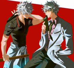  2boys black_pants black_shirt bokken clipboard clothes_around_waist coat collared_shirt dual_persona gintama glasses green_necktie grey_hair hand_in_pocket highres holding holding_sword holding_weapon jacket jacket_around_waist lab_coat long_sleeves male_focus multiple_boys necktie nong1ji pants pink_shirt red_background red_eyes sakata_gintoki shirt short_hair short_sleeves sword teacher weapon white_coat wooden_sword 