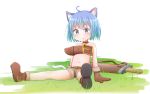  1girl ahoge animal_ears antenna_hair artist_request bell blue_eyes blue_hair blush boots breasts cat_ears cat_tail flat_chest highres original short_hair simple_background small_breasts solo sword tail weapon 