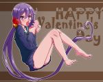  1girl absurdly_long_hair akebono_(kantai_collection) bare_legs barefoot bell bow chocolate chocolate_heart flower from_side frown full_body hair_bell hair_bow hair_flower hair_ornament happy_valentine heart jingle_bell kantai_collection long_hair looking_at_viewer miniskirt pleated_skirt purple_hair school_uniform side_ponytail skirt sweater thighs toes very_long_hair violet_eyes yuki_to_hana 