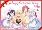  4girls :d :q apron bat_hair_ornament black_hair blonde_hair blue_eyes blush bow cake chocolate chocolate_cake chocolate_heart chocolate_on_fingers copyright_name cross_hair_ornament dress english food fruit gabriel_dropout hair_bow hair_ornament hair_rings hairclip happy_valentine heart holding holding_fruit holding_plate kurumizawa_satanichia_mcdowell lavender_hair long_hair maid_headdress multiple_girls neck_garter official_art open_mouth plaid plaid_dress plate puffy_short_sleeves puffy_sleeves red_eyes redhead shiraha_raphiel_ainsworth short_sleeves smile strawberry sweatdrop tenma_gabriel_white tongue tongue_out tsukinose_vignette_april valentine very_long_hair violet_eyes waist_apron whisk white_bow x_hair_ornament yellow_eyes 