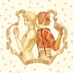  2boys a_io_u animal_print back-to-back blonde_hair braid cropped_sweater cropped_torso cup curly_hair drinking_glass flower_in_gun giorno_giovanna guido_mista gun hat highres holding holding_cup holding_gun holding_weapon jacket jojo_no_kimyou_na_bouken male_focus medium_hair midriff multiple_boys pale_skin pants print_pants red_hat red_sweater sleeves_rolled_up sunglasses suspenders sweater tan tiger_print turtleneck turtleneck_sweater vento_aureo watch watch weapon white_jacket wine_glass 